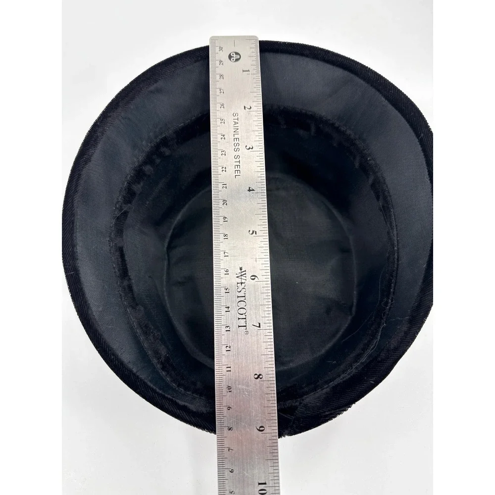 Pillbox Hat Women Black Velvet Feather Rhinestone‎ Pin Vintage